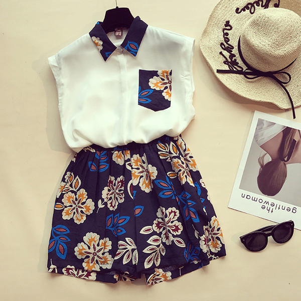 Γλυκό κυρίες καλοκαίρι σετ - αμάνικο πουκάμισο και μια φούστα με φυτικά μοτίβα