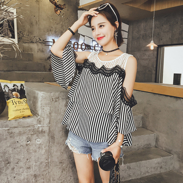 Κομψή γυναίκες ριγέ μπλούζα με γυμνά ώμους - freestyle