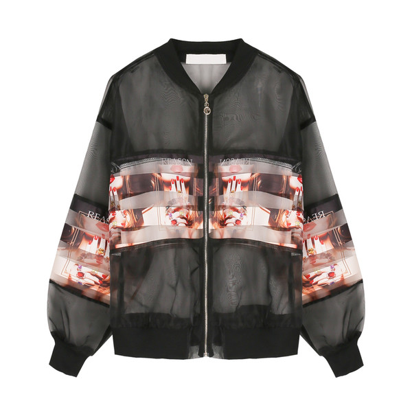 Μοντέρνο γυναικείο διαφανές μαύρο και άσπρο φούτερ - ευρύ μοτίβο