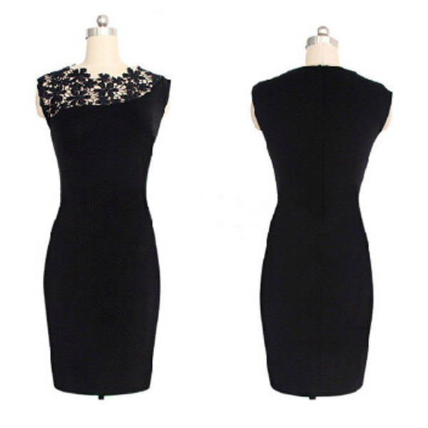 Стилна елегантна къса черна рокля с дантела и цип отзад