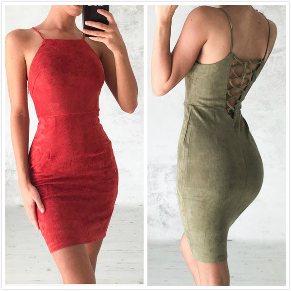 Впита по тялото дамска рокля с тънки презрамки и в 4 цвята