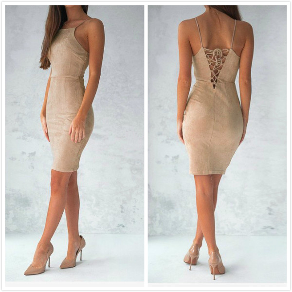 Впита по тялото дамска рокля с тънки презрамки и в 4 цвята