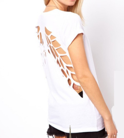 Μεγάλη καλοκαιρινή μπλούζα με κοντό μανίκι ενδιαφέρον σχέδιο στην πλάτη