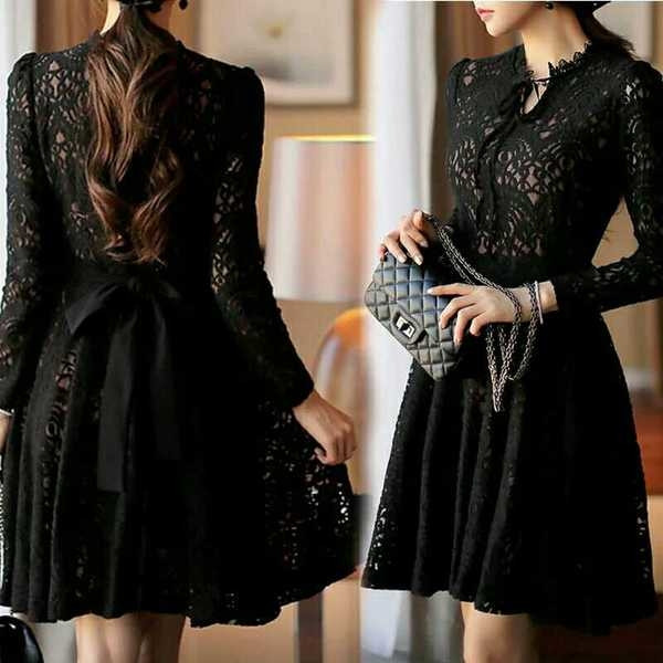 Κομψό κυρίες δαντέλα φόρεμα σε μαύρο χρώμα με μακριά μανίκια κόσμο