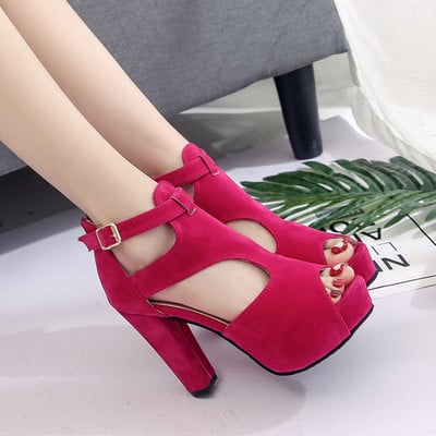 Κομψό κυρίες σανδάλια του πάχους της ηλεκτρικής ενέργειας σε κόκκινο, μαύρο και κόκκινο