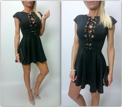 Πολύ σέξι κυρίες κοντό φόρεμα με ενδιαφέρουσες συνδέσεις στην κορυφή γύρω από το λαιμό - 4 χρώματα