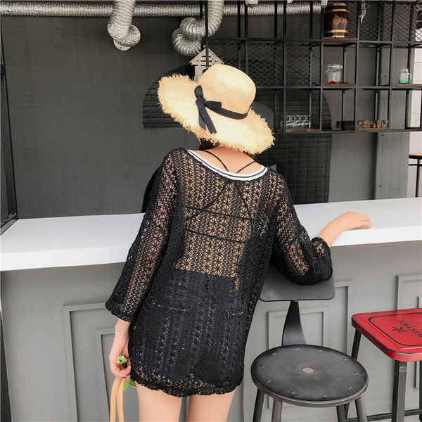 κυρίες δαντέλα μακρά μπλούζα σε μαύρο και άσπρο