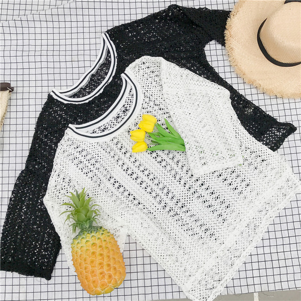 κυρίες δαντέλα μακρά μπλούζα σε μαύρο και άσπρο