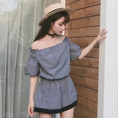 κιτ καρό Γυναικών - πουκάμισο με 3/4 μανίκια και σορτς