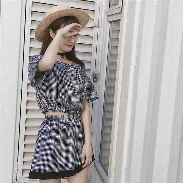 κιτ καρό Γυναικών - πουκάμισο με 3/4 μανίκια και σορτς