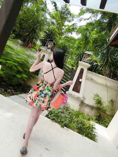 Πολύχρωμο κυρίες κοντό φόρεμα με ενδιαφέρουσες διασυνδέσεις στο πίσω μέρος - 2 μοντέλα