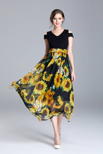 μακρύ φόρεμα Καθημερινά γυναικών με ενδιαφέρουσες χρωματιστές ηλιοτρόπια για την εφαρμογή στο κάτω μέρος