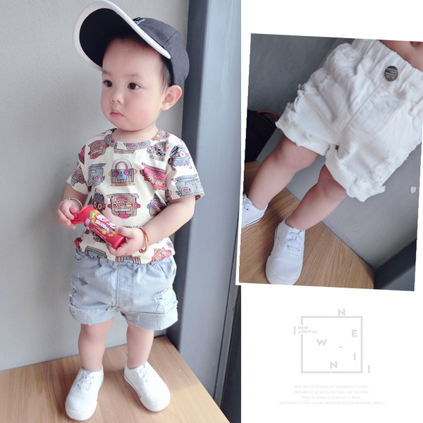 Детски къси панталони за момчета в бял и син цвят, с висока талия