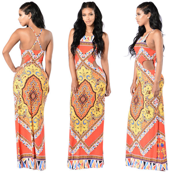 Ενδιαφέρουσες κυρίες φόρεμα με μοτίβα λουλουδιών, λεπτές τιράντες και γυμνή πλάτη