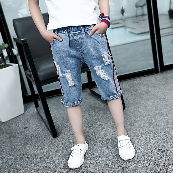 Дънкови панталони до коляното за момичета, леко накъсани