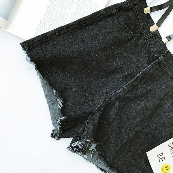 παντελόνια Σύντομη κυρίες με υψηλή μέση και τιράντες σε μαύρο χρώμα