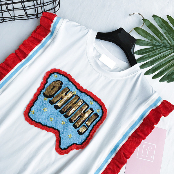 Καλοκαίρι κυρίες μπλούζα με κροσσώδης μανίκια σε λευκό και μπλε