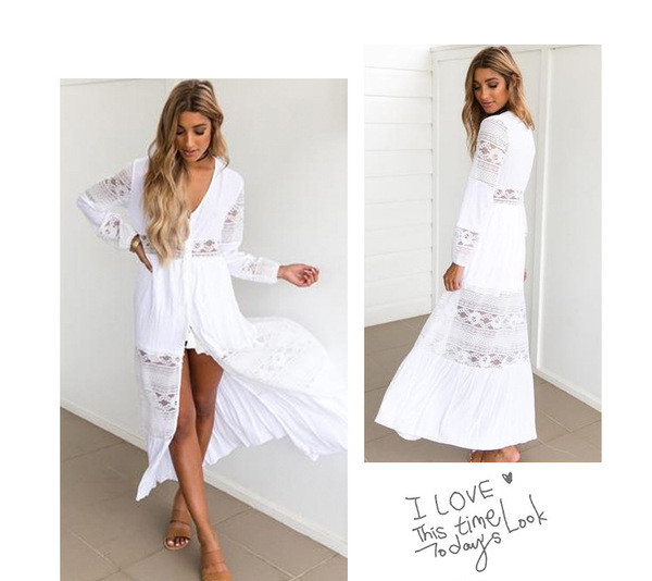 Καλοκαίρι κυρίες φόρεμα σε λευκό χρώμα με μακριά μανίκια