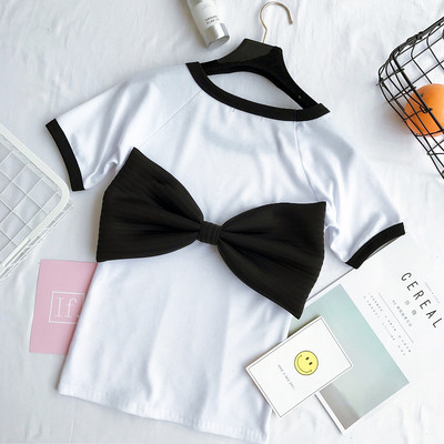 Φρέσκα κυρίες μπλούζα με 3D διακόσμηση κορδέλα σε λευκό, μαύρο και ροζ