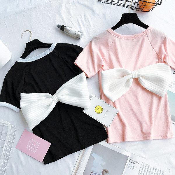 Φρέσκα κυρίες μπλούζα με 3D διακόσμηση κορδέλα σε λευκό, μαύρο και ροζ