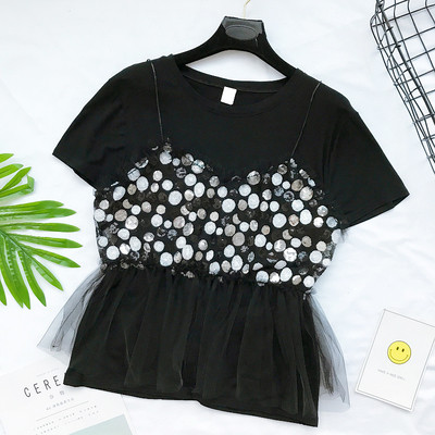 Κομψό κυρίες μπλούζα με μίμηση γιλέκο από τη διακόσμηση δαντέλα