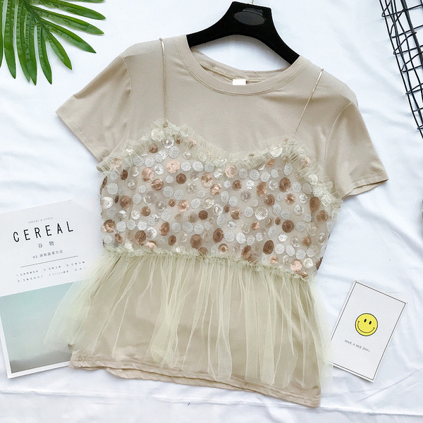 Κομψό κυρίες μπλούζα με μίμηση γιλέκο από τη διακόσμηση δαντέλα