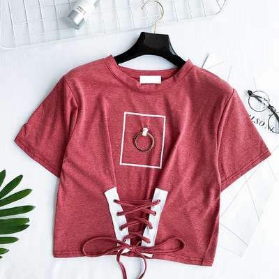 Ежедневна дамска блуза с връзки в червен, бял и черен цвят