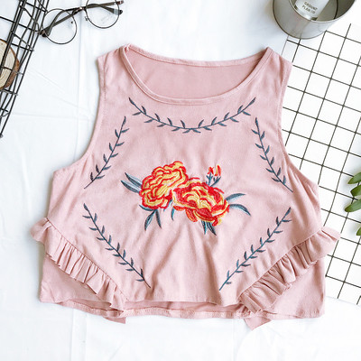 Καλοκαίρι κυρίες σύντομο πουκάμισο με κέντημα σε λευκό, ροζ, μπεζ και κίτρινο