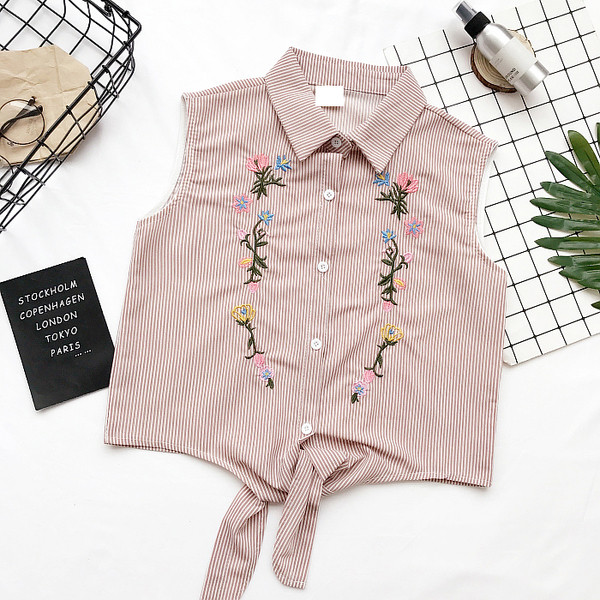 ρίγες πουκάμισο-γιλέκο Σύγχρονη γυναικών με κέντημα