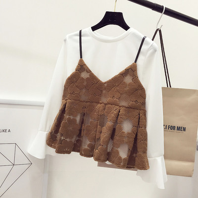 Κομψό κυρίες μπλούζα με κοντό μανίκι + δαντελωτές γιλέκο σε μαύρο και γκρι