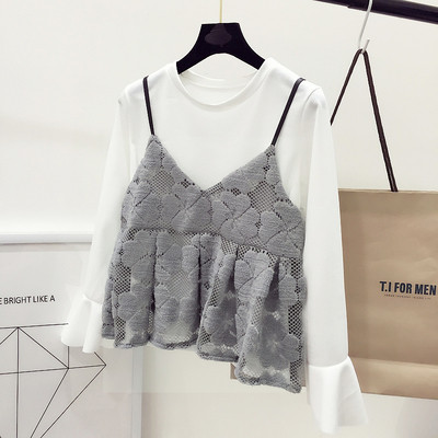 Κομψό κυρίες μπλούζα με κοντό μανίκι + δαντελωτές γιλέκο σε μαύρο και γκρι