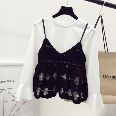 Κομψό κυρίες μπλούζα με κοντό μανίκι + δαντελωτές γιλέκο σε μαύρο και γκρι