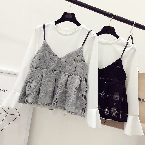 Κομψό κυρίες μπλούζα με κοντό μανίκι + δαντελωτές γιλέκο σε μαύρο και γκρι