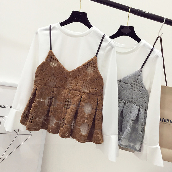 Κομψό κυρίες μπλούζα με κοντό μανίκι + δαντελωτές γιλέκο σε μαύρο και γκρι