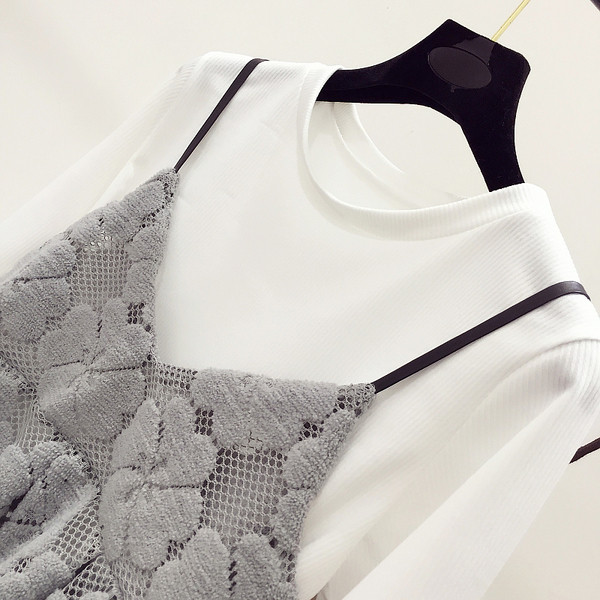 Κομψό κυρίες μπλούζα με κοντό μανίκι + δαντελωτές γιλέκο σε μαύρο και γκρι