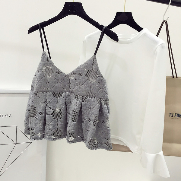 Κομψό κυρίες μπλούζα με κοντό μανίκι + δαντελωτές γιλέκο σε μαύρο και γκρι