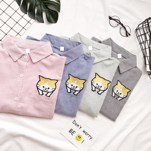 Γλυκό κυρίες κοντό μανίκι πουκάμισο με ρίγες εικόνα