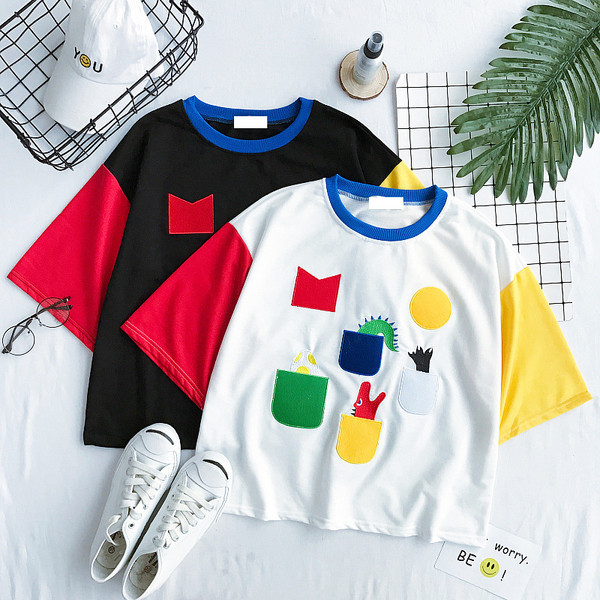 Αθλητικά κυρίες T-shirt σε μαύρο και λευκό με χρωματιστές μανίκια