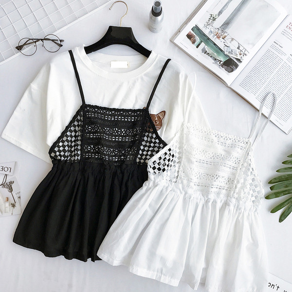 Καλοκαίρι κυρίες δαντέλα κορυφή της δεξαμενής με λεπτές τιράντες σε μαύρο και άσπρο