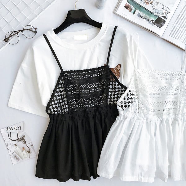 Καλοκαίρι κυρίες δαντέλα κορυφή της δεξαμενής με λεπτές τιράντες σε μαύρο και άσπρο