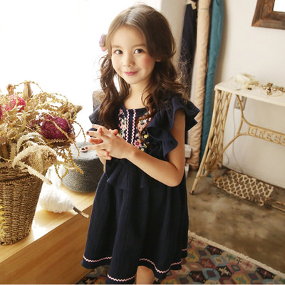 Καλοκαίρι φόρεμα για κορίτσια με κέντημα σε ναυτικό μπλε και ροζ