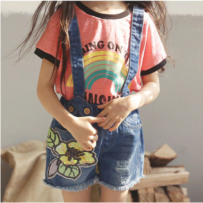 Стилни детски къси панталони за момичета в син и тъмносин цвят с бродерия и тиранти