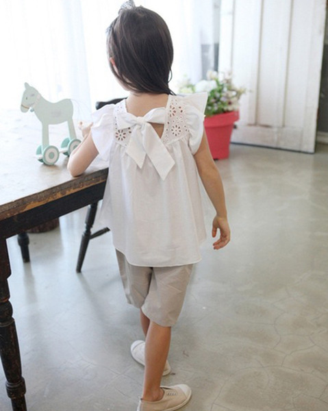 Детски потник за момичета от лека материя и с панделка, в бял цвят