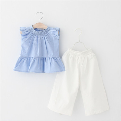 Κομψό παιδικό σετ για κορίτσια με μακρύ παντελόνι σε λευκό και φρέσκο μπλε αμάνικο