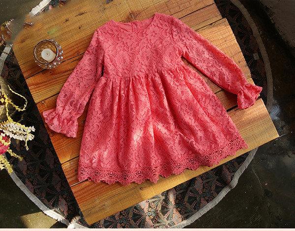 Lace γλυκό φόρεμα για κορίτσια με μακριά μανίκια σε κόκκινο και λευκό