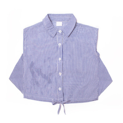 Стилна детска риза за момичета с къс ръкав на райе в син и розов цвят