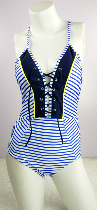 Интересен дамски цял бански костюм с връзки по деколтето