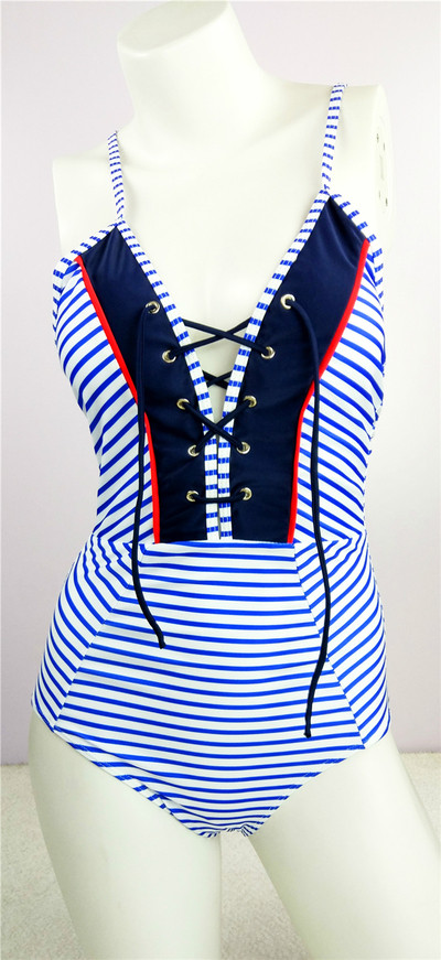 Интересен дамски цял бански костюм с връзки по деколтето