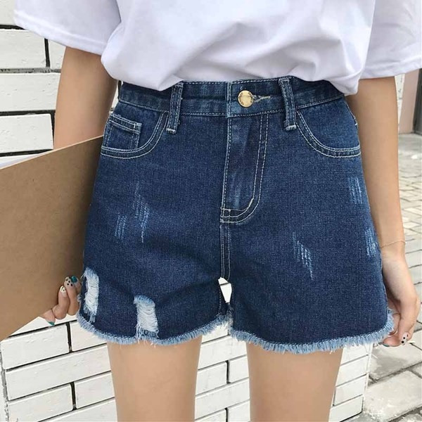 Стилни дамски къси панталони в син цвят с висока талия