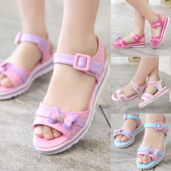 Сладки сандали за момичета в розов, бял, цикламен и син цвят с панделка